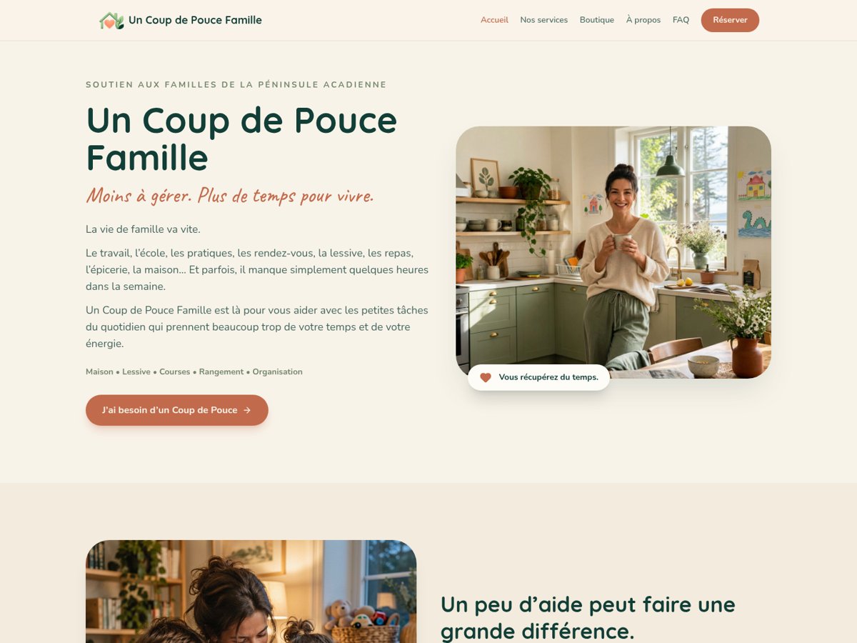 Homepage of the Un Coup de Pouce Famille website, with the French headline and tagline "Moins à gérer. Plus de temps pour vivre."