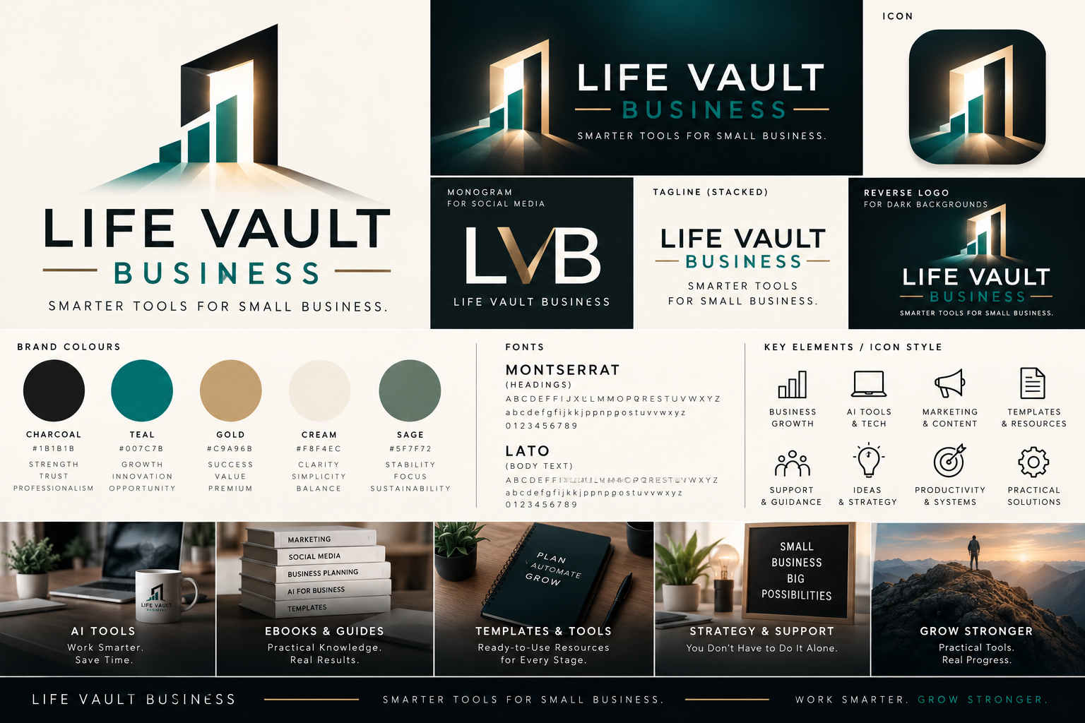 Life Vault Business brand board: original doorway and growth logo, dark and light logo variations, LVB monogram, app icon, charcoal, teal, gold, cream and sage palette, Montserrat headings, Lato body text and business-themed icons.