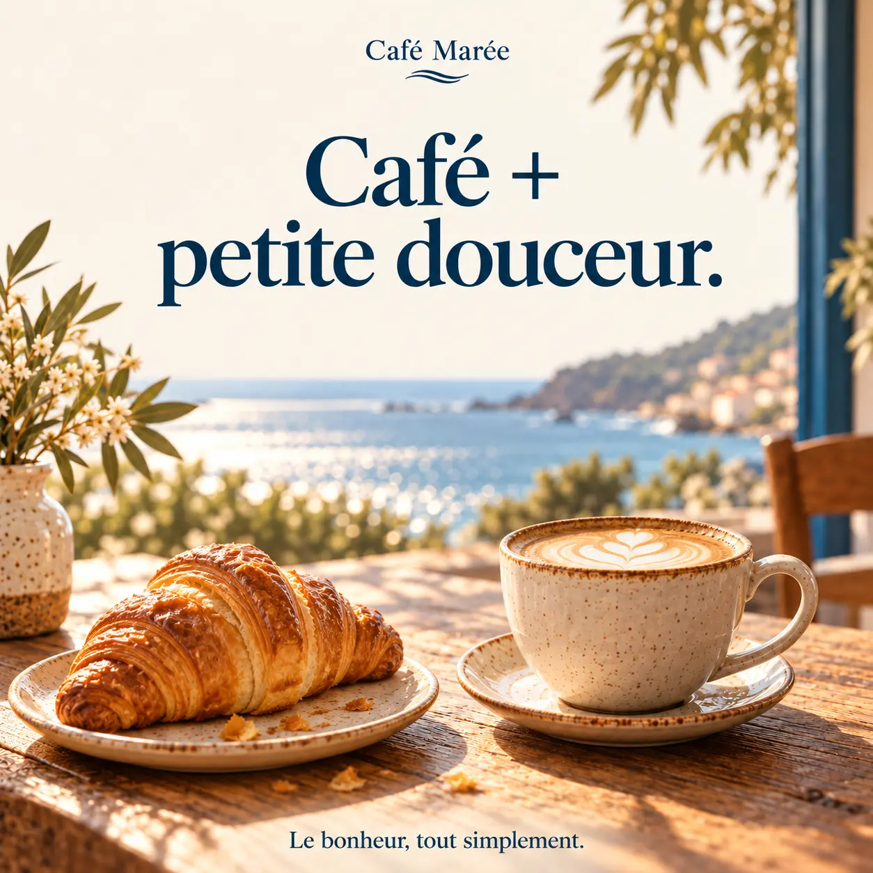 Café Marée, coffee and pastry post: a golden croissant and latte on a wooden table overlooking the sea. French message: “Coffee + a little treat. Happiness, quite simply.”