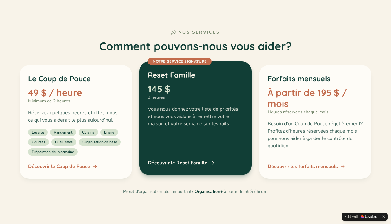 Actual Coup de Pouce Famille website section presenting its family-support services.